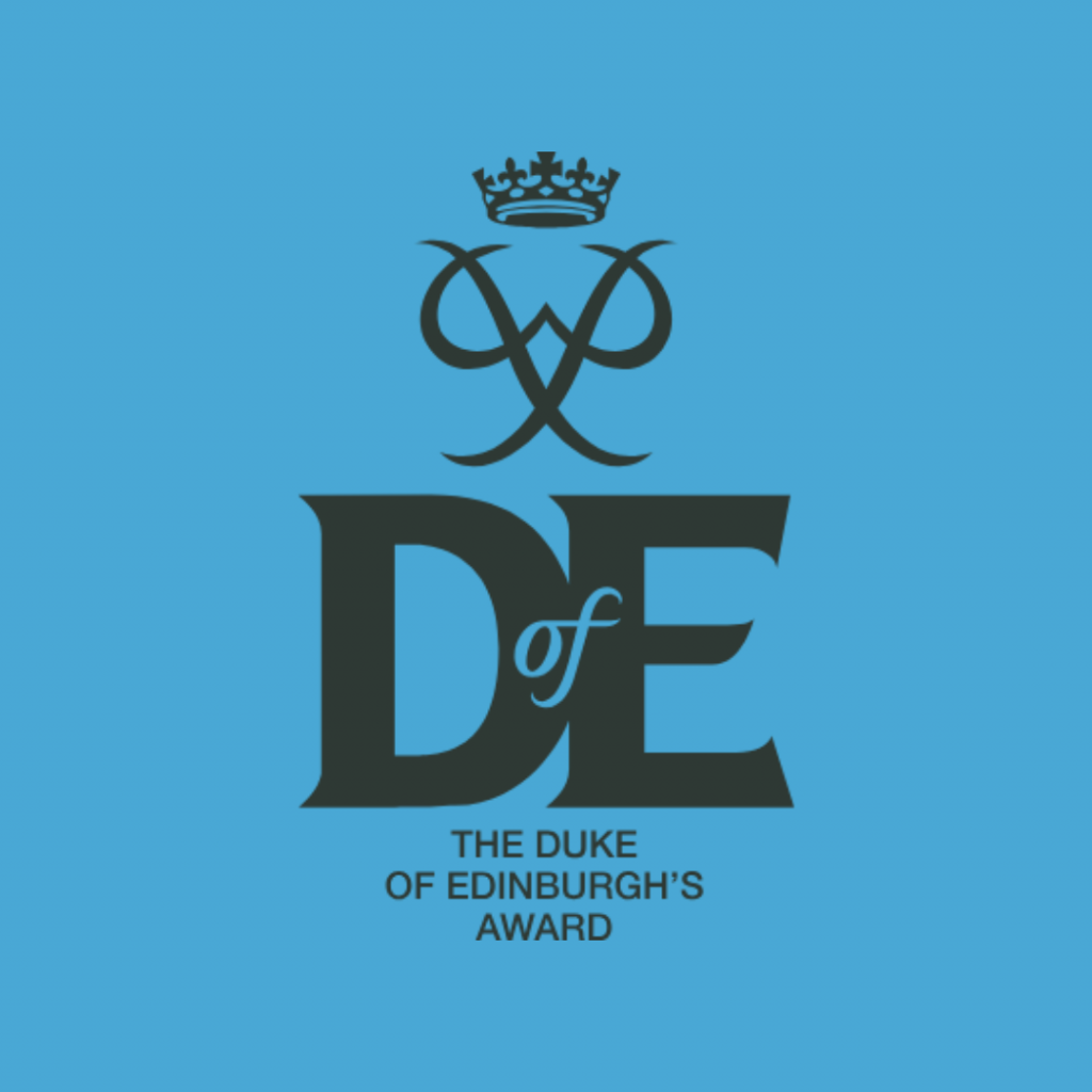 The Duke of Edinburgh's Award logo on a light blue background. The logo shows the letters D and E in large print, with a crest and crown above them. Underneath the letters in small print reads: "The Duke of Edinburgh's Award".