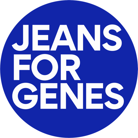 White text in a blue circle reads "Jeans for Genes"