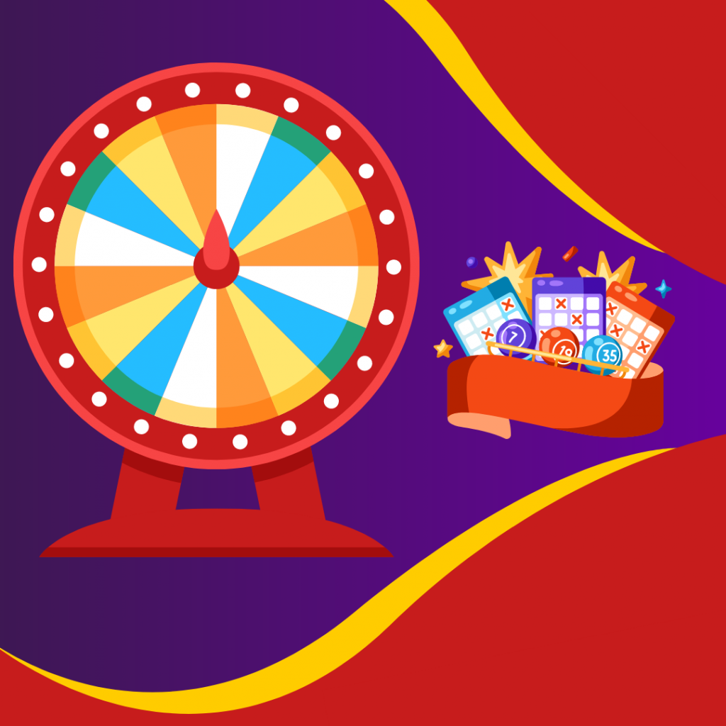 Purple, yellow and red background. A illustrated multicoloured prize wheel next to an illustrated box containing raffle tickets and lottery balls.