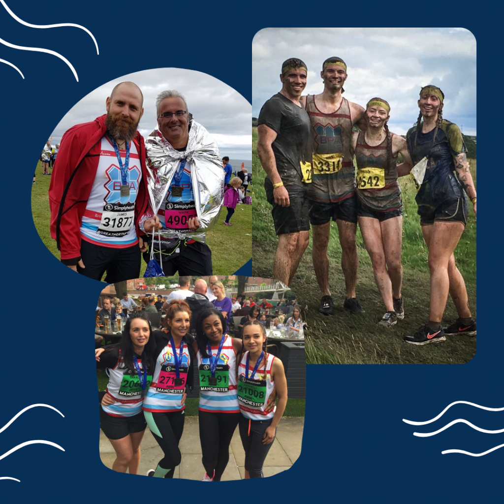 Photo montage of people fundraising for the BPA at different sporting events, all wearing BPA bibs and smiling at the camera.