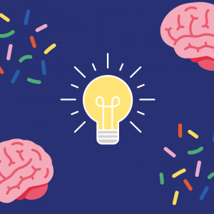 Navy blue background. An illustrated yellow lightbulb is in the centre of a navy blue background. In the bottom left and top right corners are illustrated brains, and in the top left and bottom right corners are illustrated multicoloured confetti.