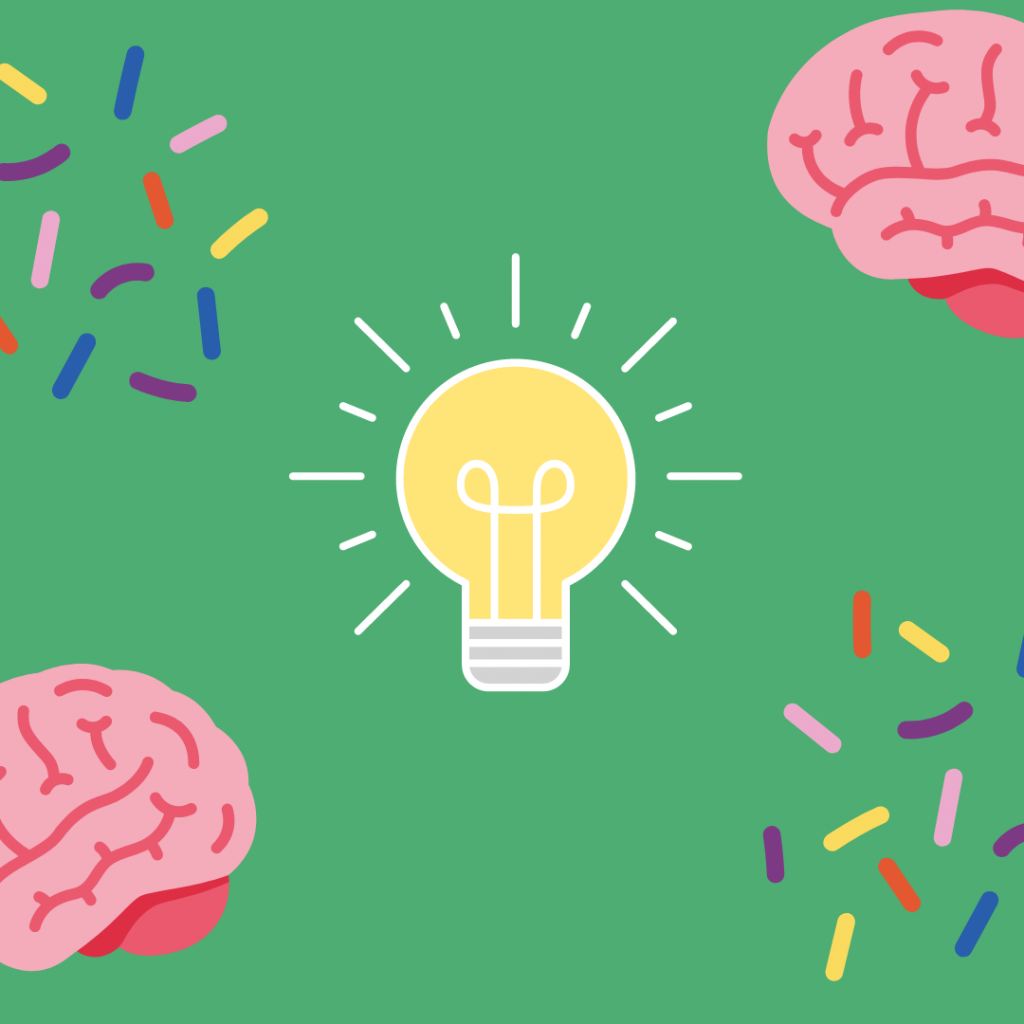 An illustrated yellow lightbulb is in the centre of a green background. In the bottom left and top right corners are illustrated pink brains, and in the top left and bottom right corners are illustrated multicoloured confetti.