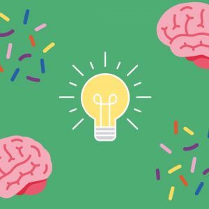An illustrated yellow lightbulb is in the centre of a green background. In the bottom left and top right corners are illustrated pink brains, and in the top left and bottom right corners are illustrated multicoloured confetti.