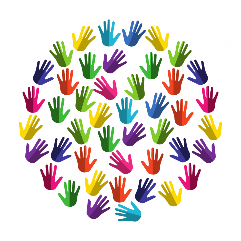 Many multicoloured illustrated hands arranged into a circle shape