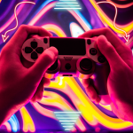 Close up on hands using a video game controller, against a neon purple, yellow, blue and pink background.