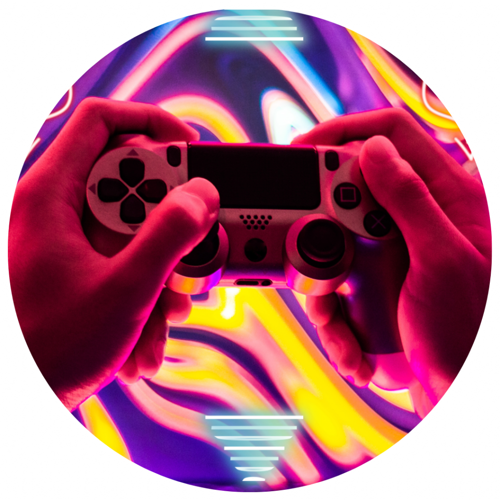 Close up on hands using a video game controller, against a neon purple, yellow, blue and pink background.