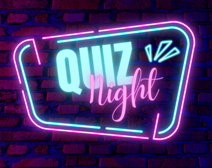 A pink and turquoise neon sign on a red brick wall reads 'Quiz Night'