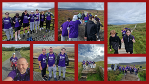 Photo collage of Oran and his family and friends climbing the Cuilcagh Mountains. Various photos of a group of 23 people walking, including adults and teenagers, all are wearing purple Porphyria t-shirts.