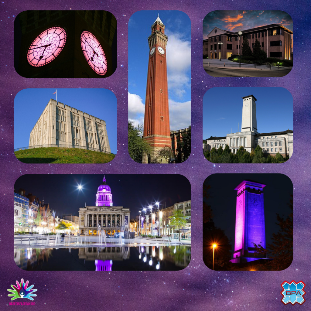 On a purple background, a photo collage of civic buildings lit up in purple.