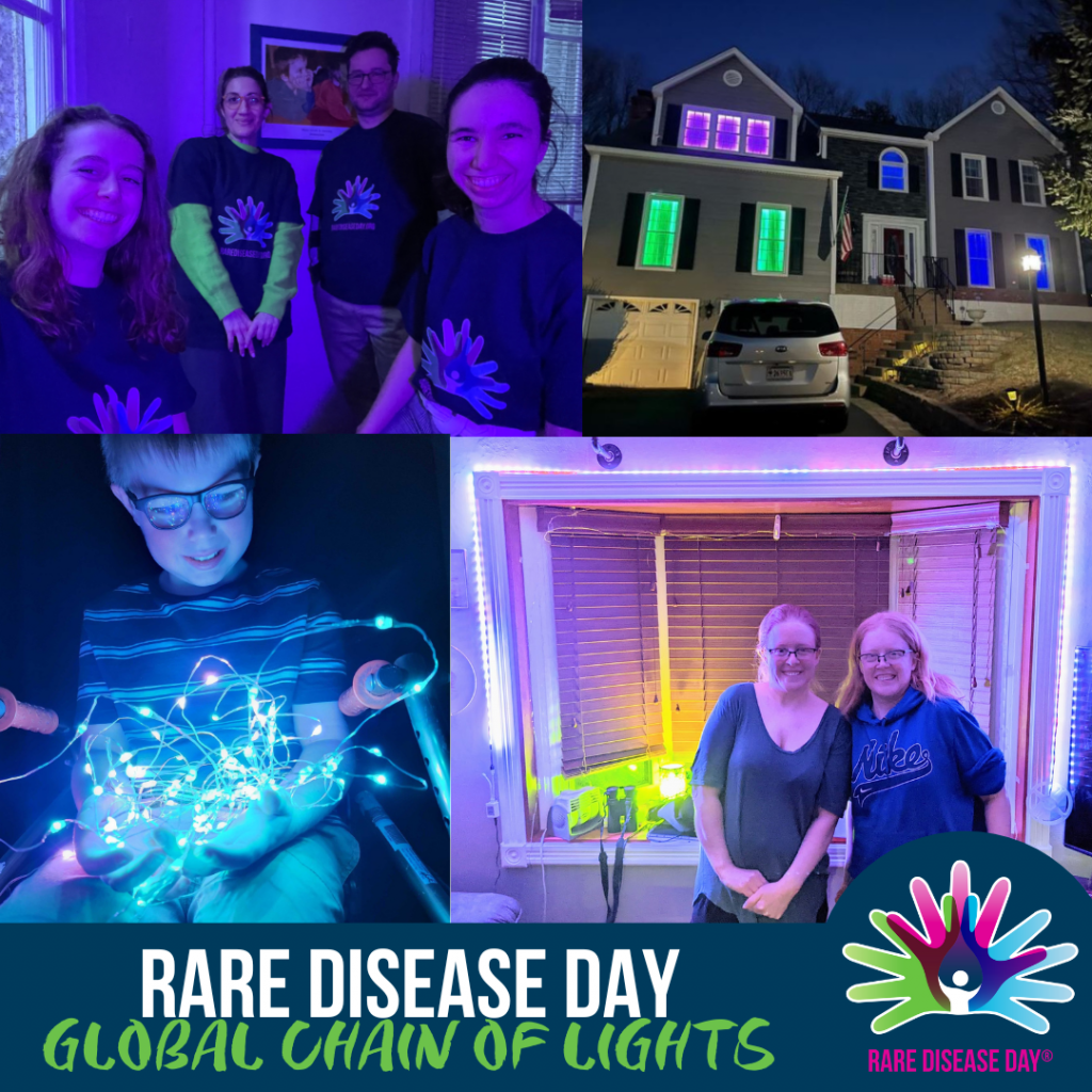 A photo collage of people showing their homes lit up and decorate with different colours to raise awareness of rare disease. Text reads "Rare Disease Day. Global Chain of Lights."