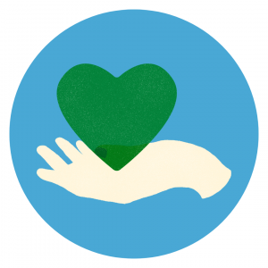 On a blue background, an illustration of a green heart sitting in the palm of an open hand
