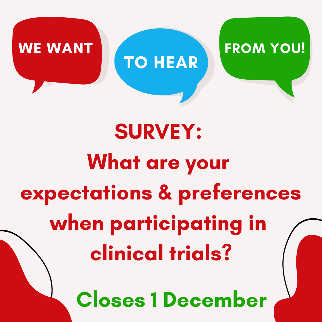 Three speech bubbles (red, blue and green) display the words: We want to hear from you! Red text underneath reads: SURVEY: What are your expectations & preferences when participating in clinical trials? Closes 1 December. In the bottom corners are red asymmetrical cloud-like shapes.